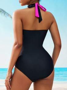 SHEIN Swim 1pc Women's Personalized Patchwork Black & Rose Red Swimsuit, For Beach, Pool, Casual Party & Holiday, Spring/Summer - Multicolor - View 2