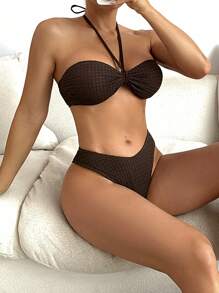 SHEIN Swim 时尚性感纯色纹理面料系带女士夏季比基尼套装 - 棕色 - 查看 4