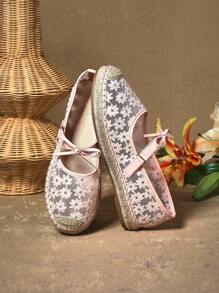 SHUZIA 女士草编花朵刺绣网眼蝴蝶结玛丽珍平底鞋 - 粉色 - 查看 3