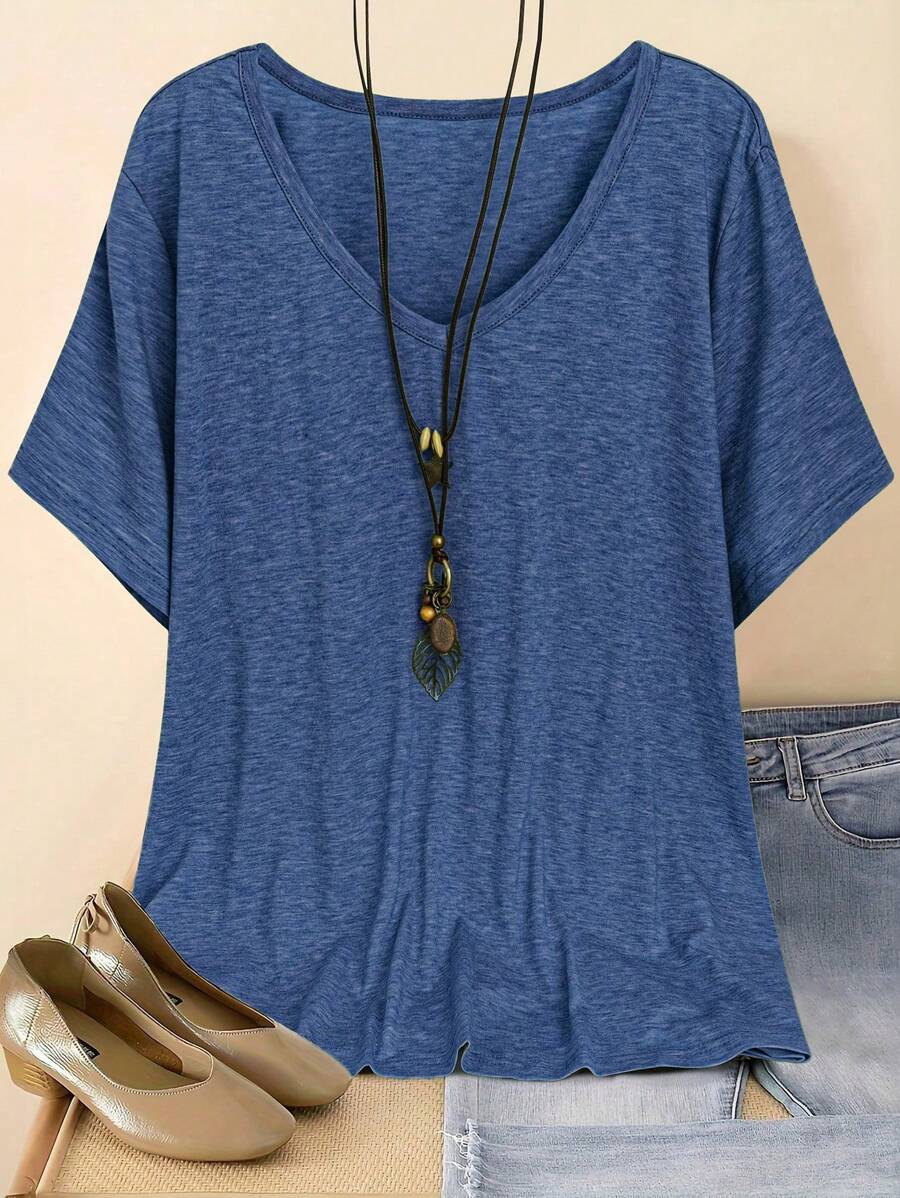 Plus Size Simple Casual V-Neck Short Sleeve T-Shirt, Summer Henley - Blue - View 1