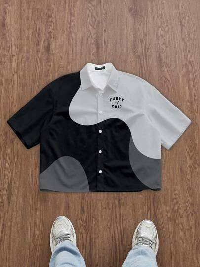 Manfinity ZONE917 简约休闲撞色方形图案短款衬衫