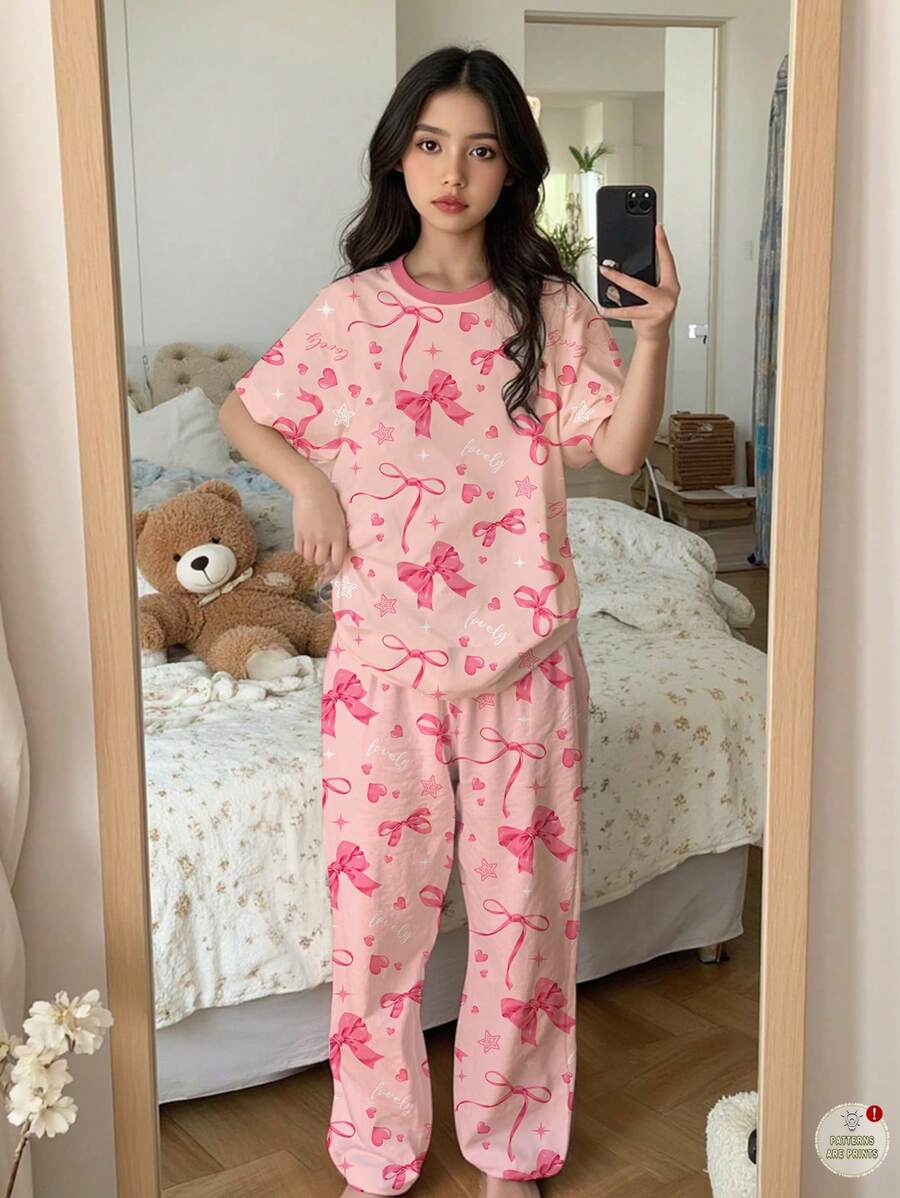 SHEIN 2pcs Cute Pink Bow & English Letter Print Tween Girls Loose Casual Home Pajama Set, Crew Neck Shorts & Pants - Multicolor - View 1