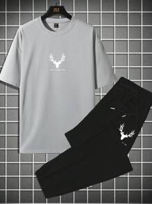 Manfinity Homme Men's Deer Letter Printed T-Shirt And Pants 2 Pieces Set, Casual Men Outfit, Outfit For Men, Men Casual Outfits - Multicolor - View 3