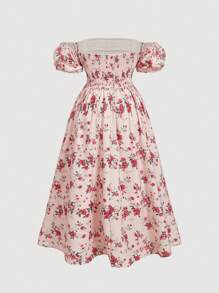 SHEIN MOD 大码女式玫瑰碎花露肩泡泡袖中长连衣裙，春季 - 玫瑰紅 - 查看 2