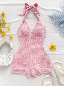 Soleia Women's Holiday Light Pink Knit Ruched Fabric Texture Deep V Halter Backless Skinny Jumpsuit, For Party, Valentine's Day, Date, Can Be Worn Inside Or Outside - Baby Pink - View 7