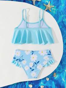 Young Girl Daisy Print Ruffle Trim Bikini Swimsuit - Blue - View 2