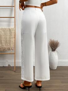Pantalon blanc élégant avec un empiècement et une bordure en dentelle avec nœud papillon pour les vacances - Blanc - Voir 2