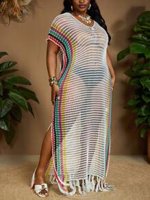 SHEIN CURVE+ Plus Size Sheer Contrast V Neck Short Sleeve Loose Maxi Sweater Dress, Curve Plus, Boho Vacation Winter Fall Autumn