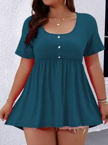 SHEIN LUNE Camiseta informal con diseño de botones de unicolor, manga corta y volante en el bajo para mujeres de talla grande - Azul - Ver 4