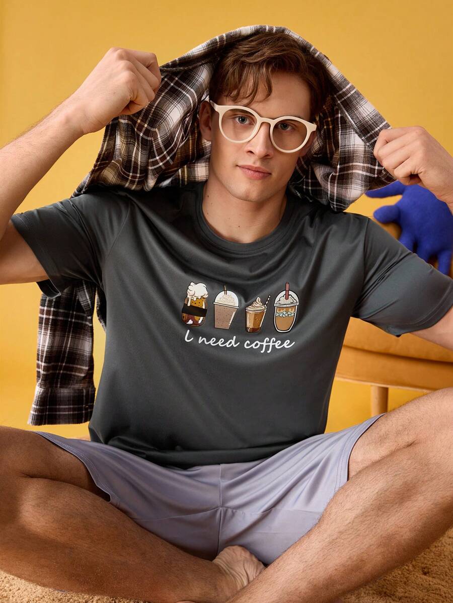 男士休闲舒适家居服上衣，春夏 - 灰色 - 查看 1