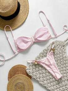 Swim Mod 2pcs Women Summer Beach Outfits: Metallic Solid Color Spaghetti Strap Gold Circle Accessory Bandeau Top And Thong Bikini Set - Baby Pink - View 2