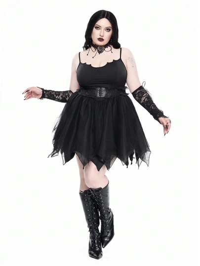 Sexy Gothic Party Kleid mit rückenfreiem Kragen-Kreuzdesign, Fledermaus-Netzpaneel-Saum in Große Größen, Halloween