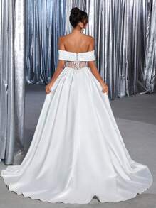 Glamrae Elegante y lujoso vestido de satén con escote hombros descubiertos, con encaje y bordado de lentejuelas, con dobladillo generoso, adecuado para bodas, fiestas, luna de miel, novia - Beis - Ver 3