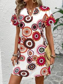 EMERY ROSE Summer Women's V-Neck Drop Shoulder A-Line Flared Hem Floral Print Casual Vacation Midi Dress