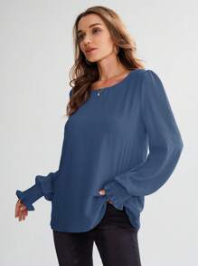 EMERY ROSE Round Neck Solid Smocked Flare Cuff Blouse - Blue - View 5