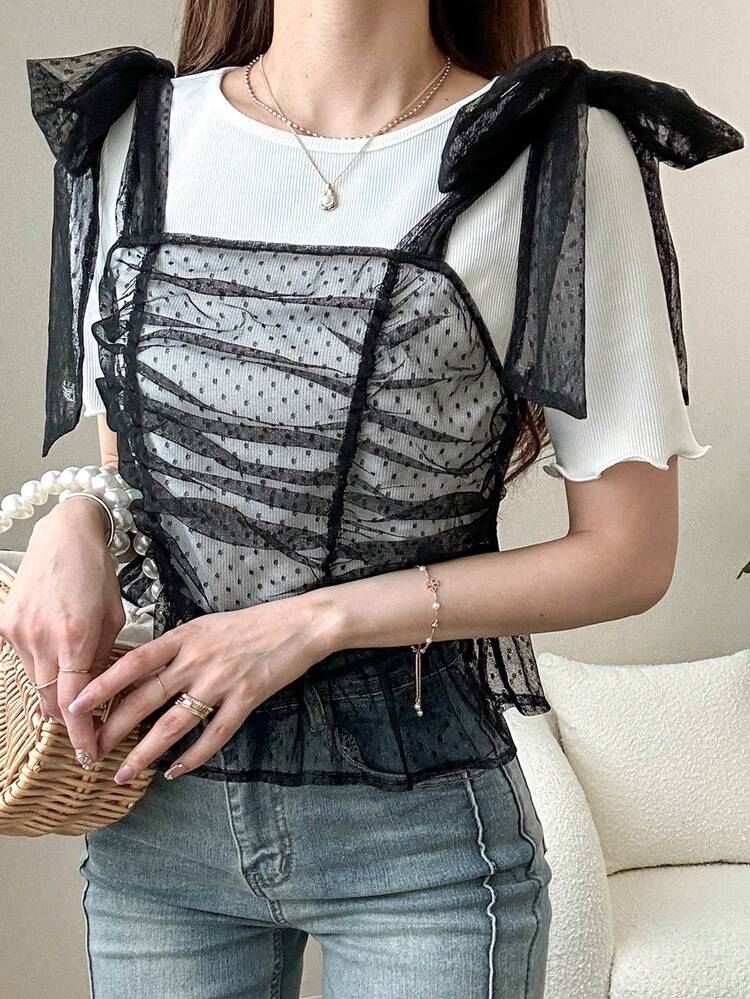 Teen Girls Fashion Lettuce Hem T-Shirt & Mesh Camisole Set Summer