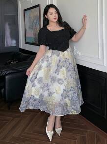Dazy Plus Robe longue à manches bouffantes avec imprimé floral bicolore, pour porter lors de cérémonies, au printemps/été, robe décontractée pour femmes, robe de bal élégante pour femmes - Noir - Voir 6