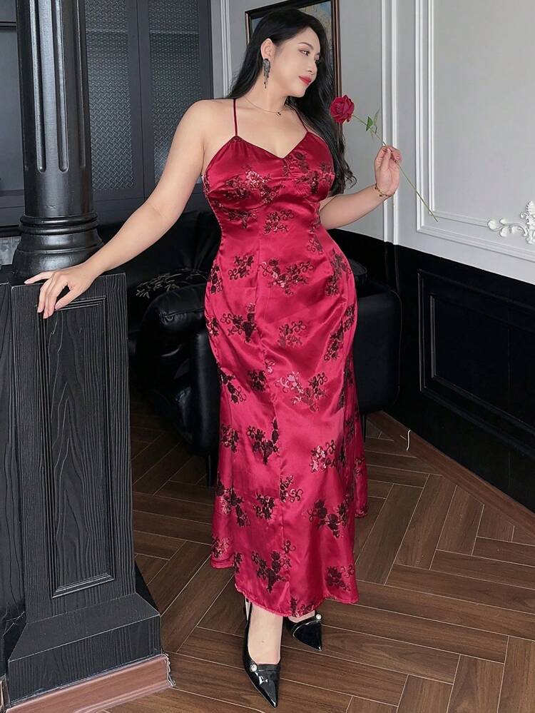 Dazy Plus Plus Size Flocked Floral Printed Long Wrap Sleeveless Sexy Dress, Red, Suitable For Formal Occasions, Fall Long Sleeve Dress Prom Dress Elegant Women Dress Cruise Outfit For Women