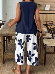 Weeklong Plus Size Two Pieces Sleeveless Casual Holiday-Style Floral Print Set