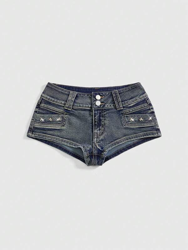 SHEINxHITOMI ROMWE Ultra Low Waist Sexy Vintage Distressed Skull Studded Women's Denim Shorts