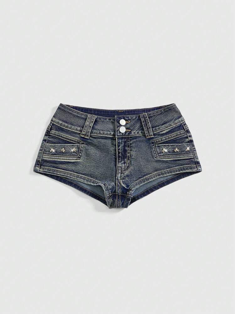 SHEINxHITOMI ROMWE Shorts Denim Sexy de Cintura Super Baixa