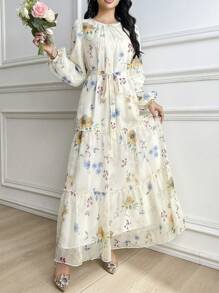 Modelyn Women's Elegant Floral Print Chiffon Dress With Self-Tie Waist, Spring/Summer