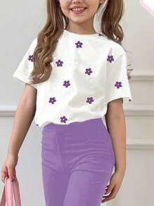 SHEIN 2 pezzi/set Top a maniche corte con scollo tondo e pantaloni a zampa con motivo cartoni animati casual, adatto per l'estate, per giovani ragazze - Multicolore - Visualizzare 3