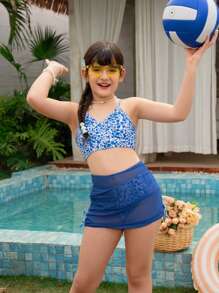 3pcs/Set Girls' Youth Swimsuit, Random Print - Blue - View 6