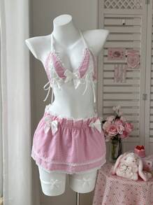 SHEIN 5pcs/Set Bow Plaid Ribbon Decor Fluffy Tutu Skirt Sexy Cosplay Outfit - Pink - View 6