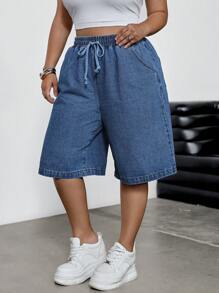 SHEIN EZwear Plus Size Denim Shorts, Casual Slim Cargo Bermuda Pants, Blue,Summer / Summer Outfits For Women/ Summer Clothes / Cute Summer Tops/ Summer Bottoms/Summer Dresses For Women - Blue - View 4