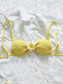 Swim Mod Summer Vacation Textured Fabric Spaghetti Strap Floral Decor Bandeau Sexy Camisole Top - Yellow - View 1