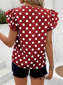 SHEIN LUNE Blusa casual con doble capa de volantes en la manga y estampado de lunares, para todas las temporadas - Rojo - Ver 2