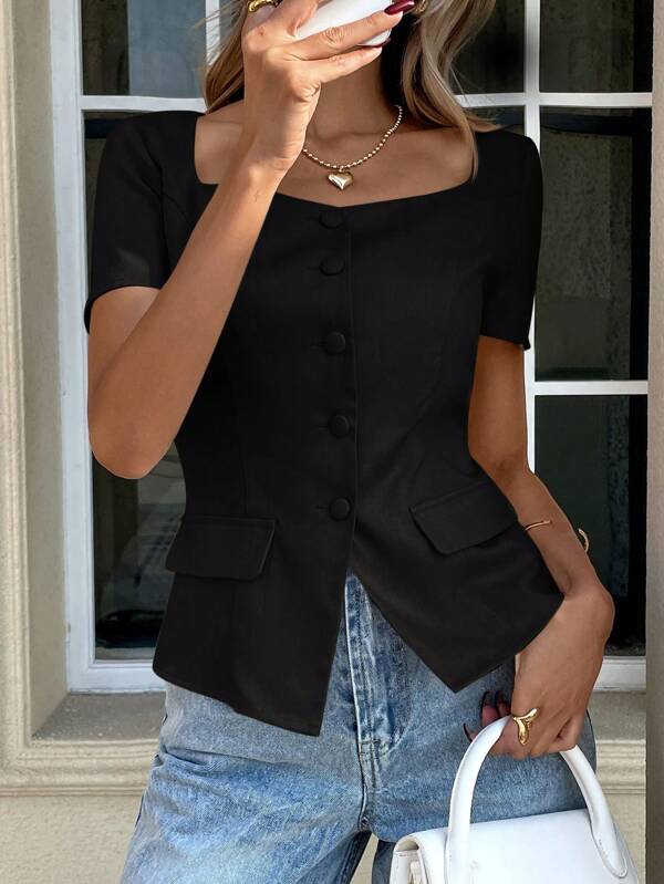 SHEIN LUNE Camisa/blusa de unicolor clásica sin mangas con cuello, estilo retro "old money" para uso oficina, primavera/verano