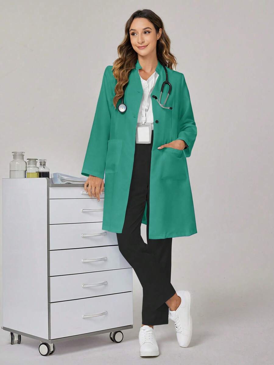 TaskEZ Simple Solid Color Double Pocket Front Button Lab Coat - Green - View 1