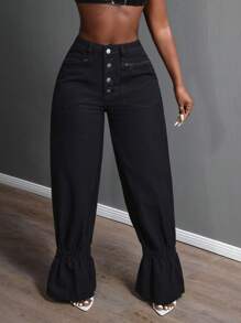 Slaydiva Women Casual Solid Color Flared Jeans - Black - View 6