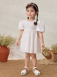 Blossori Baby Girls Solid Color Square Collar Puff Sleeve Sundress - White - View 7
