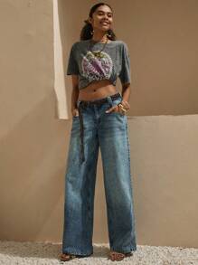 Bóhologie Boho Bohemela Womens Clothing Women Summer Clothes LOW WAIST YSK BAGGY WIDE LEG DARTED JEAN Women S Summer Clothes Women S Casual Tops Casual Boho Style Germany Seaside Holiday, Suitable For Everyday, Out Of The Street, Holiday And Other Occasions To Wear - Dark Wash - View 4