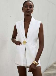 Aveloria Modichic Slim Fit Long Length Faux Pocket V-Neck Broad Shoulder Suit Vest - White - View 5