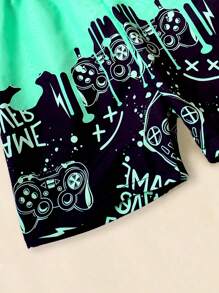 Older Boys Fluid Print Beach Set, Video Game Controller & Letter Print Elastic Waist Swim Trunks, Summer Clothes Beach For Boys - Cadet Blue - View 4