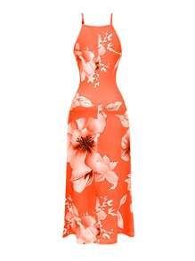 Breezaya Vestido maxi para mujer con diseño de camiseta de tirantes sexy con estampado de flores tropicales