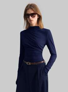 Ontre Stockholm Style, Women's Teacher Outfit, Autumn Fashion, 2025 Women's Autumn Basic High Collar Long Sleeve T-Shirt, Asymmetric Hem Ruched Top, Navy Solid Color Round Neck Long Sleeve Women's Blouse Basic Top, Women's Office Wear