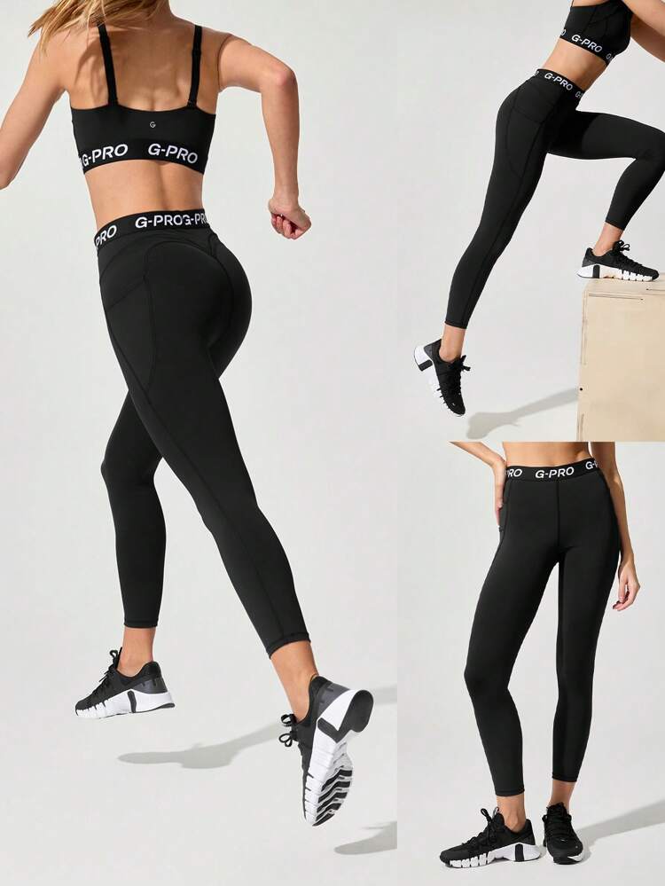 24" Powersculpt™ Cool Compression V-Line Hip Butt-Lifting Elastic Waist Active Leggings With Side Pockets High Impact Running Jogging Training Gym Workout