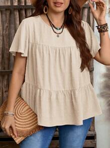 EMERY ROSE Plus Size Women Solid Color Round Neck Ruffle Short Sleeve Loose Blouse,Boho Summer,Western Wear Women,Vacation - Apricot - View 4