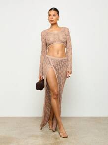 AiiRZ Knit Long Sleeve Top And Maxi Skirt With Side Split Set - Apricot - View 4