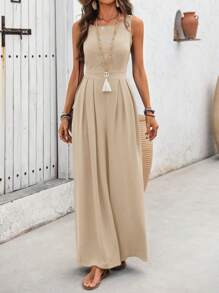 EMERY ROSE Women's Summer Minimalist Solid Color Pleated Loose Jumpsuit - Apricot - View 5