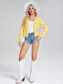 SHEIN LUNE Butter Yellow Lightweight Red Heart Pattern Cardigan For Women, Romantic Spring/Valentine's Day - Yellow - View 3