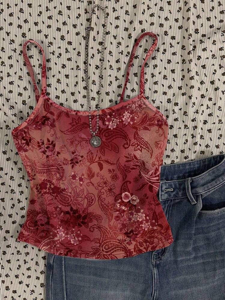 SHEIN Explorewe Teen Girl Retro Digital Print, Angola Red Floral