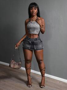 Slaydiva Women's Utility Pocket Tight Mini Skirt, Sexy Denim - Black - View 5