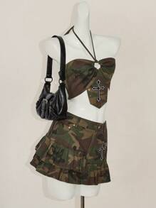 SHEIN ICON 女士迷彩两件套日常穿搭 - 軍綠色 - 查看 3