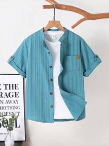 SHEIN 青少年男孩纹理休闲立领短袖衬衫 - 綠色 - 查看 1